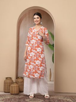 Stylum - Women's Orange Floral Printed Cotton Straight Kurta