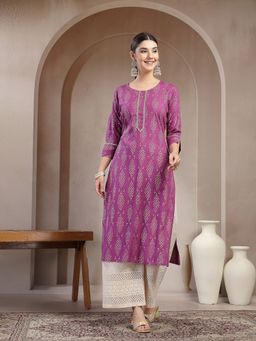Stylum - Women's Purple Ikat Printed Rayon A-Line Kurta