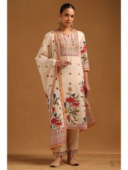 Soch - Women's Cream Pure Cotton Floral Kurta and Pant with Dupatta