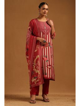Soch - Women's Red Muslin Floral Hand Embroidered Kurta and Pant with Dupatta
