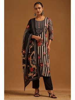 Soch - Women's Black Muslin Floral Hand Embroidered Kurta and Pant with Dupatta
