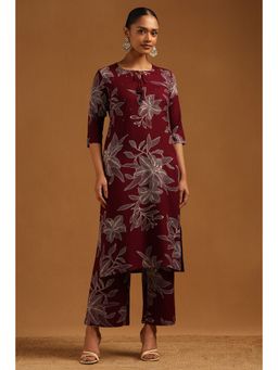 Soch - Women's Wine Rayon Floral Kurta and Pant