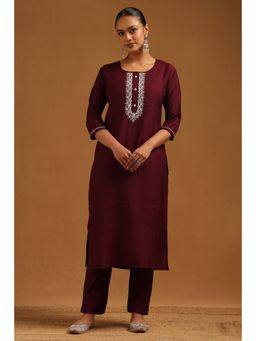 Soch - Women's Wine Desert Storm Embroidered Kurta and Pant