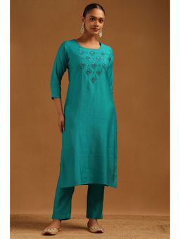 Soch - Women's Turquoise Blue Desert Storm Floral Kurta and Pant