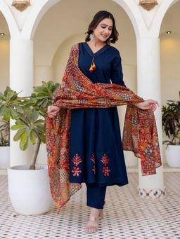 Autumnlane - Shruti Navy Cotton Embroidered Kurta with Pant & Dupatta