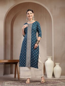 Stylum - Women's Teal Solid Embroidered Rayon Straight Kurta