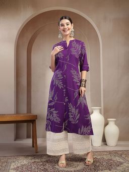 Stylum - Women's Violet Floral Printed Rayon A-Line Kurta