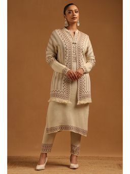 Soch - Women's Beige Acrylic Knitted Winter Kurta with Pant & Shawl