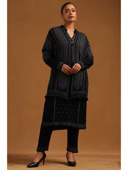 Soch - Women's Navy Blue Acrylic Knitted Winter Kurta with Pant & Shawl