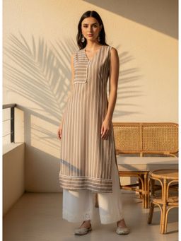Stylum - Women's Beige Striped Cotton Blend Straight Kurta