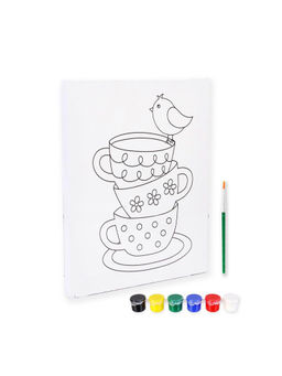 Little Birdie - Pre -Printed Canvas with Colours Tea Cups Painting Kit L10 x W8 Inch