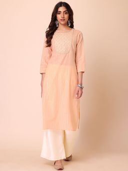 Indya - Peach Embroidered Yoke Rayon Lurex Kurta