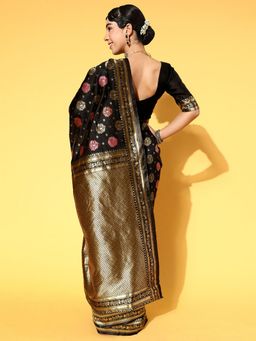 Odette - Silk Blend Black Woven Design Saree with Unstitched Blouse