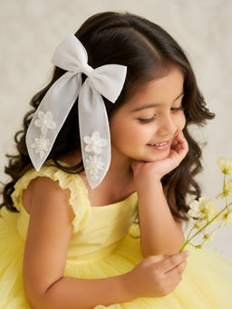 Choko - Girls White Organza Bow Alligator Clip with Embroidered Flowers