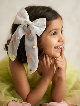 Choko - Girls White Organza Bow Alligator Clip with Multicolour Alphabet Beads