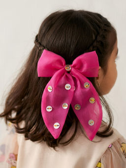 Choko - Girls Pink Organza Bow Alligator Clip with Mirror Disc Accents
