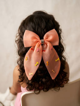 Choko - Girls Peach Organza Bow Alligator Clip with Tiny Motifs As Festive Party Wear