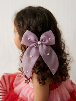 Choko - Girls Purple Organza Bow Alligator Clip with Pearl Accents