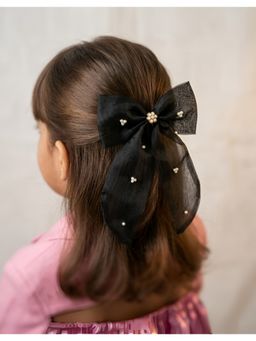 Choko - Girls Black Organza Bow Alligator Clip with Pearl Accents