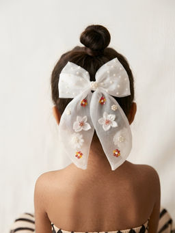 Choko - Girls White Organza Bow Alligator Clip with Pearl Floral Applique