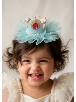 Choko - Girls Blue Shimmering Tulle Crown Hair Clip with Central Pink Jewel