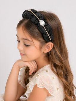 Choko - Girls Black Ruched Satin Hairband with Crystal Chain