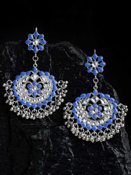 Karatcart - Antique Blue Kundan Studded Oxidised Silver Handcrafted Chandbali Earrings for Women