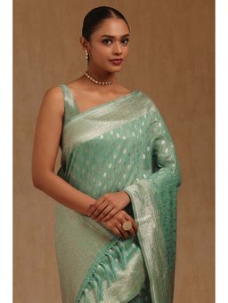 Soch - Womens Sap Green Tussar Floral Print Zari Woven Saree with Unstitched Blouse