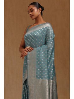 Soch - Womens Turquoise Blue Tussar Floral Print Zari Woven Saree with Unstitched Blouse