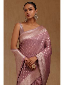 Soch - Womens Light Purple Tussar Floral Print Zari Woven Saree with Unstitched Blouse