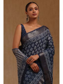 Soch - Indigo Viscose Floral Block Print Saree with Unstitched Blouse