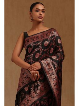 Soch - Black Tussar Floral Woven Handloom Saree with Unstitched Blouse