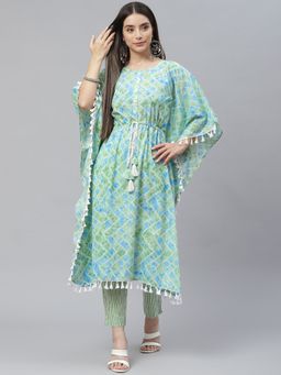 Indibelle - Cotton Sea Green Tie Dye Print Kaftan Kurta