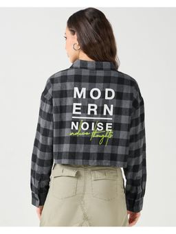Bewakoof - Women's Black & Grey Modern Noise Checked Oversized Cropped Shirt