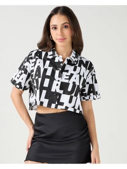 Bewakoof - Women's White & Black All Over Printed Oversized Cropped Shirt