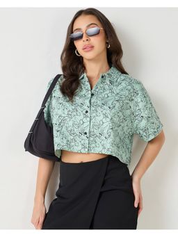 Bewakoof - Women's Green All Over Printed Oversized Crop Shirt