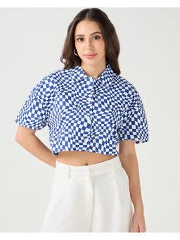 Bewakoof - Women's Blue & White All Over Printed Oversized Crop Shirt