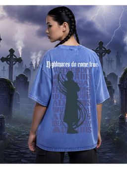 Bewakoof - Official Wednesday Women's Blue Dark Cloud Graphic Printed Oversized Acid Wash T-shirt