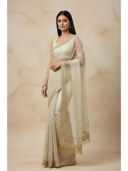 Gahan - Golden Net Sequinned Bollywood Designer Fusion Saree with Unstitched Blouse