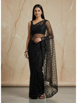 Gahan - Womens Sequence & Embroidery Work Black Net Designer Saree with Unstitched Blouse