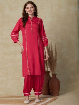 FASHOR - Resham Embroidered Kurta with Salwar- Pink (Set of 2)