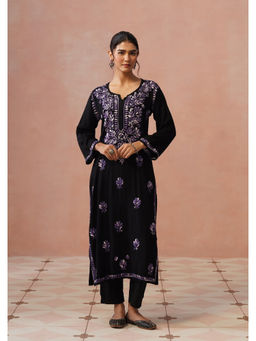 House of Chikankari - Women Rayon Chikankari Black Kurta