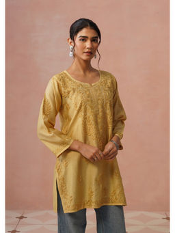 House of Chikankari - Women Chanderi Chikankari Short Beige Kurta