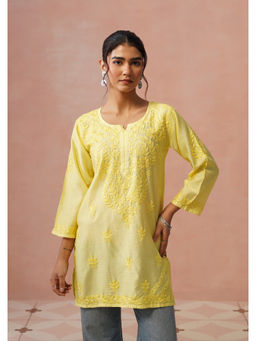 House of Chikankari - Women Chanderi Chikankari Short Yellow Kurta
