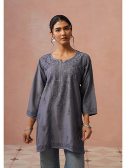 House of Chikankari - Women Chanderi Chikankari Short Grey Kurta
