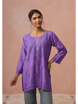 House of Chikankari - Women Chanderi Chikankari Short Purple Kurta