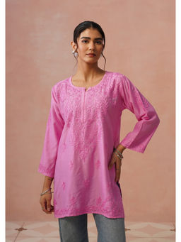 House of Chikankari - Women Chanderi Chikankari Short Pink Kurta