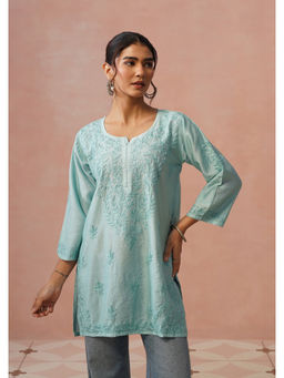 House of Chikankari - Women Chanderi Chikankari Short Green Kurta