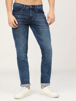 HIGHLANDER - Men Indigo Cotton Blend Solid Tapered Jeans