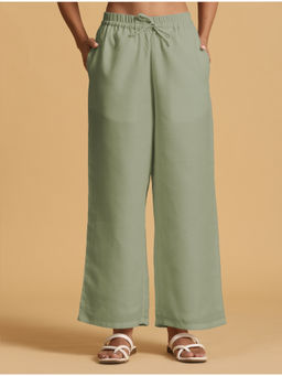 trueBrowns - Mint Green Cotton Blend Drawstring Straight Pant